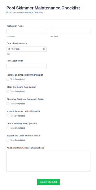 Pool Skimmer Maintenance Checklist Form Template