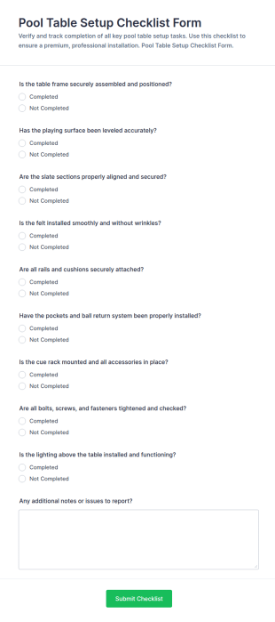 Pool Table Setup Checklist Form Template