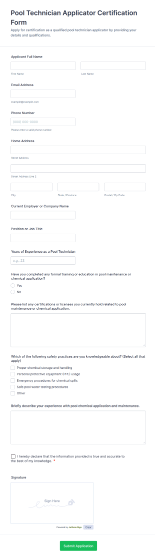 Pool Technician Applicator Certification Form Template