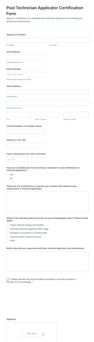 Pool Technician Applicator Certification Form Template