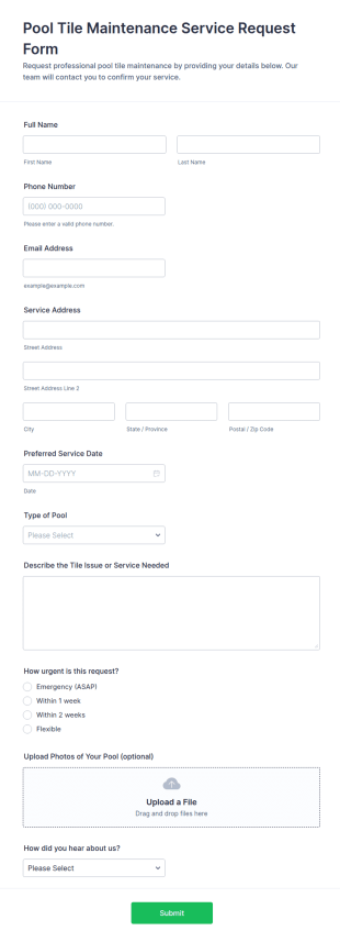 Pool Tile Maintenance Service Request Form Template