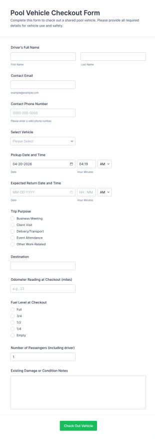 Pool Vehicle Checkout Form Template
