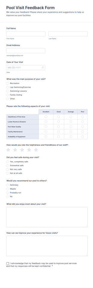 Pool Visit Feedback Form Template