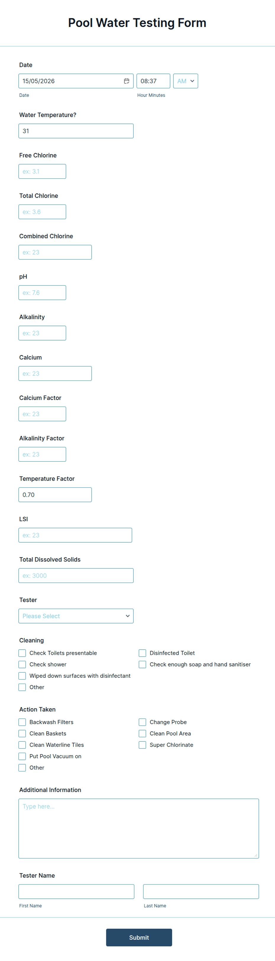Pool Water Testing Form Template | Jotform