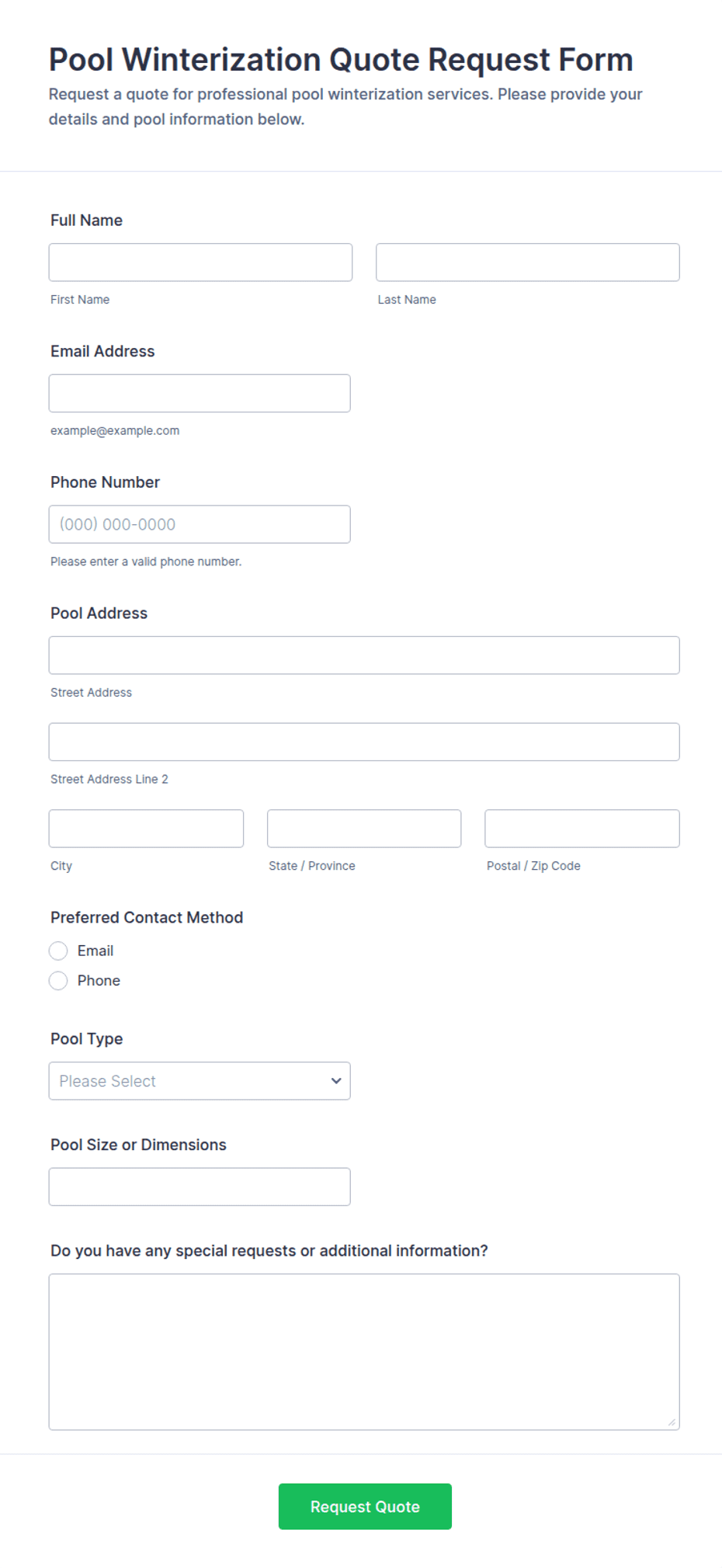 Pool Winterization Quote Request Form Template | Jotform