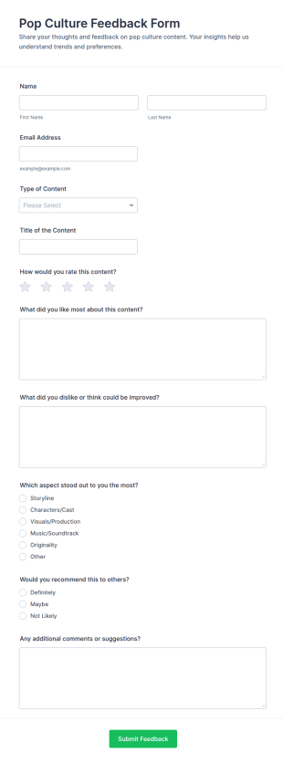 Pop Culture Feedback Form Template