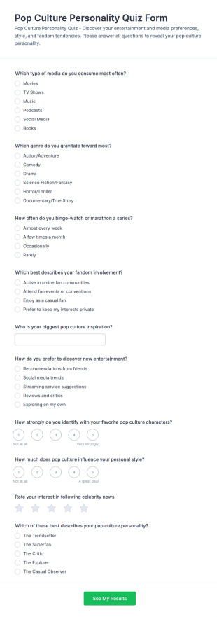 Pop Culture Personality Quiz Form Template