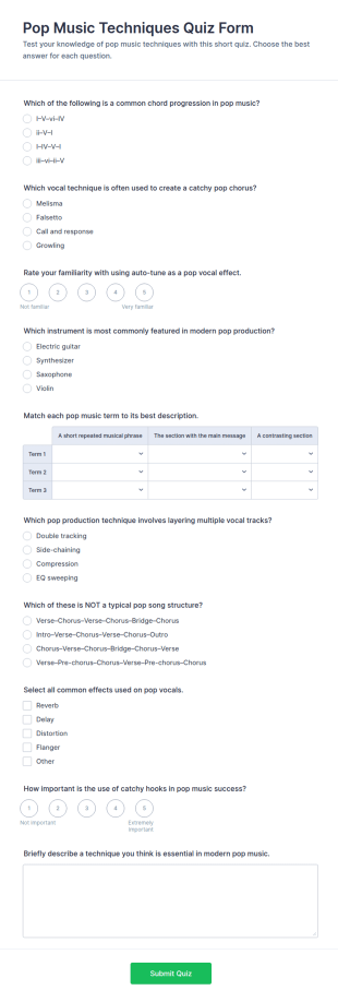 Pop Music Techniques Quiz Form Template