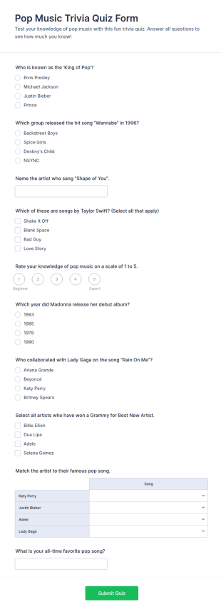 Pop Music Trivia Quiz Form Template