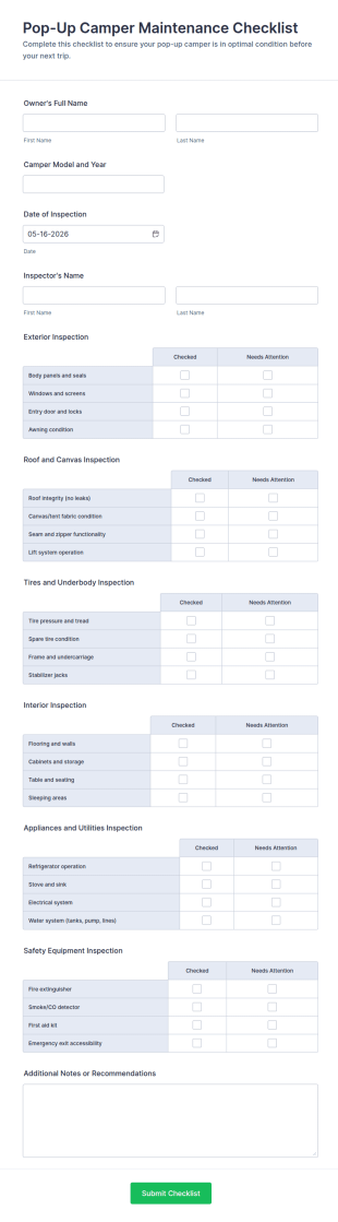 Pop Up Camper Maintenance Checklist Form Template