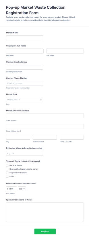 Pop Up Market Waste Collection Registration Form Template