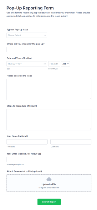 Pop Up Reporting Form Template