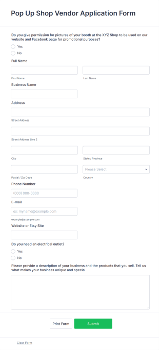 Pop Up Shop Vendor Application Form Template