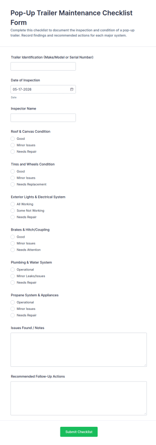 Pop Up Trailer Maintenance Checklist Form Template