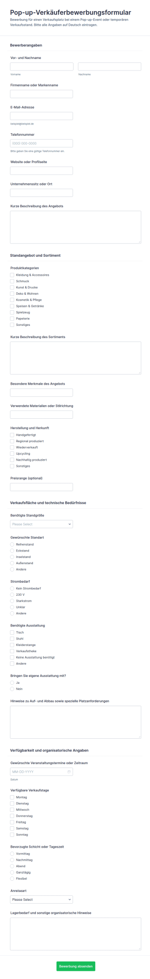 Bewerbungsformular Für Pop Up Shop Verkäufer