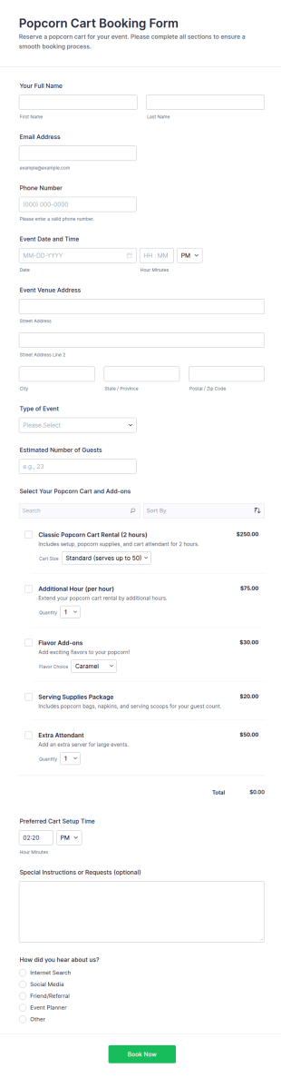 Popcorn Cart Booking Form Template