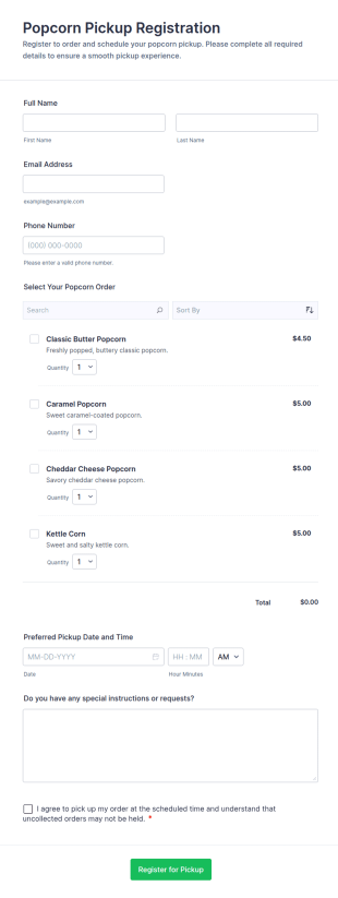 Popcorn Pickup Registration Form Template