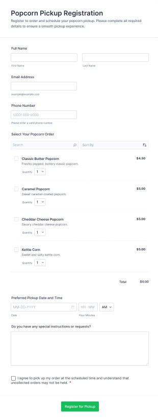 Popcorn Pickup Registration Form Template