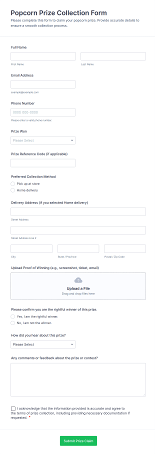 Popcorn Prize Collection Form Template
