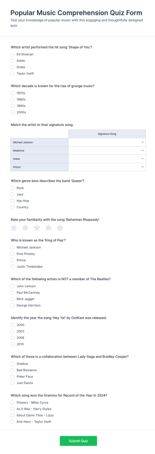 Popular Music Comprehension Quiz Form Template