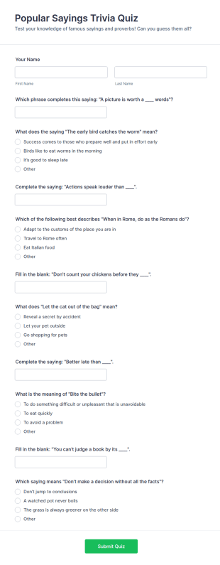 Popular Sayings Trivia Quiz Form Template