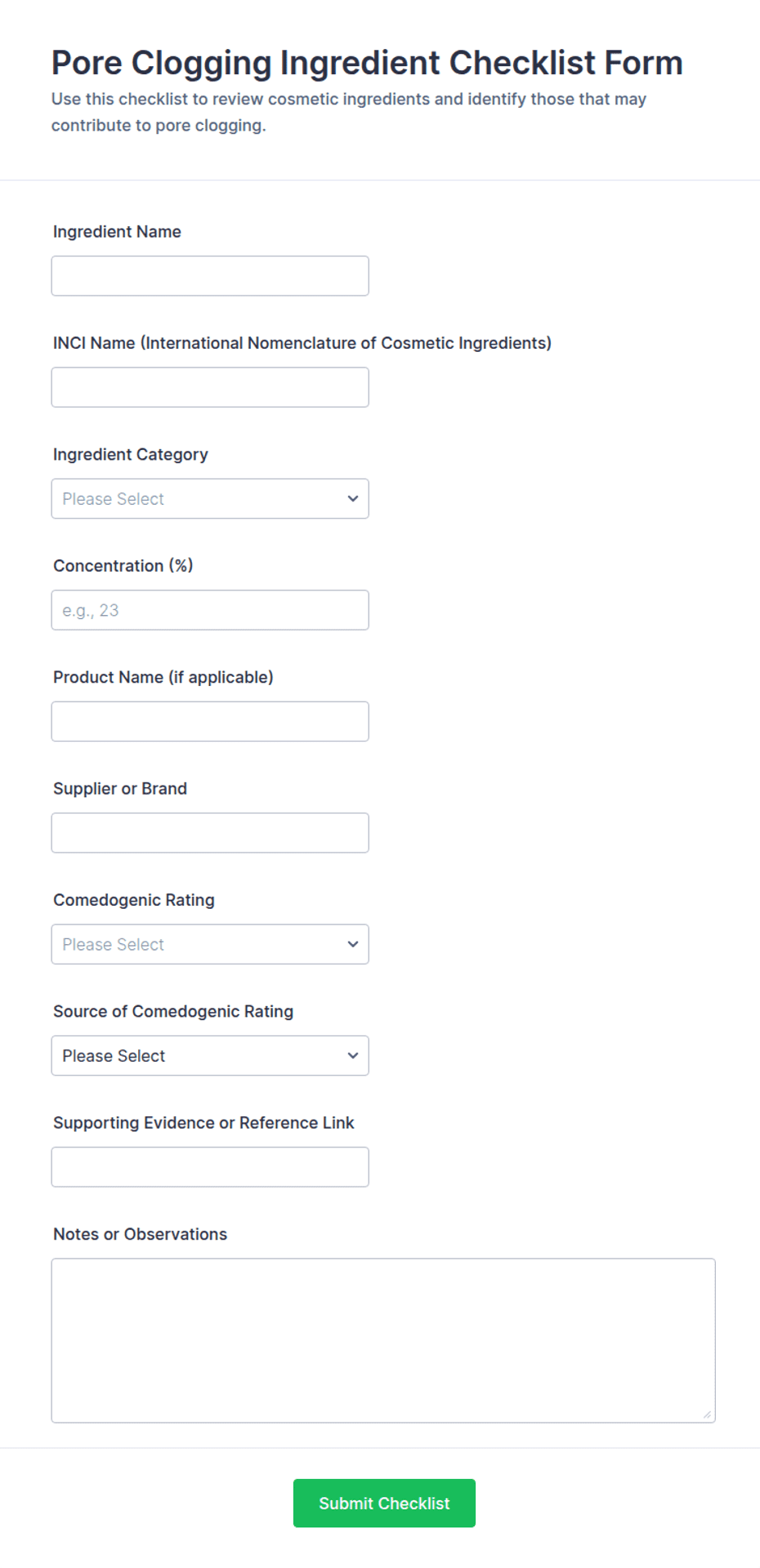 Pore Clogging Ingredient Checklist Form Template | Jotform
