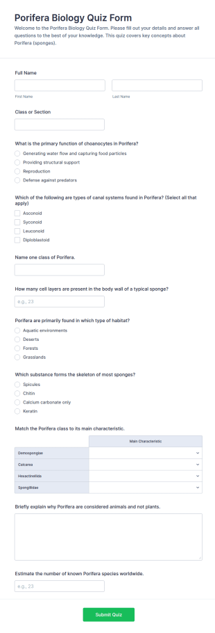 Porifera Biology Quiz Form Template