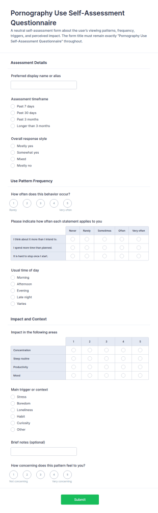 Pornography Use Self Assessment Questionnaire Form Template