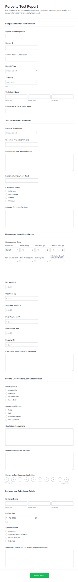 Porosity Test Report Form Template