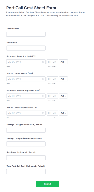 Port Call Cost Sheet Form Template
