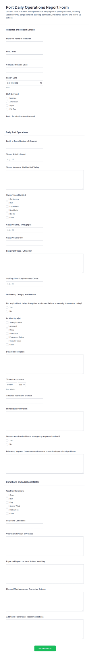 Port Daily Operations Report Form Template