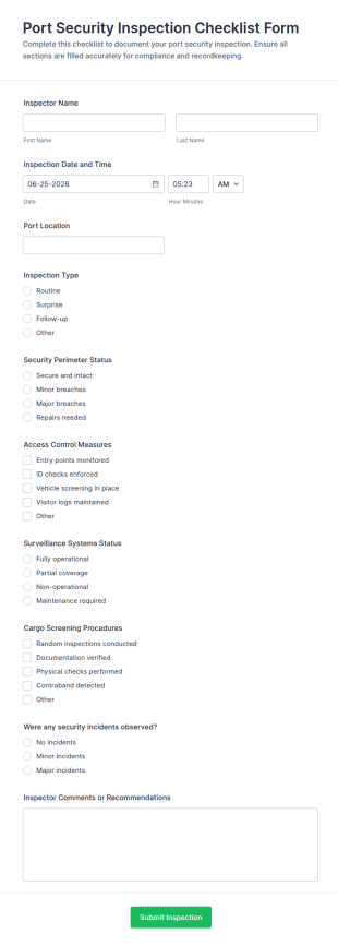 Port Security Inspection Checklist Form Template