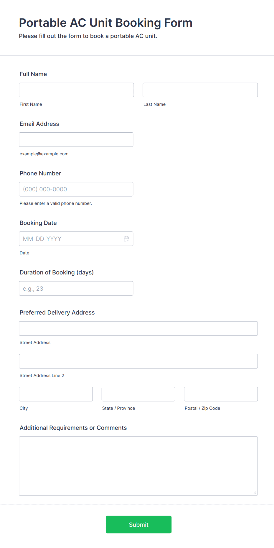 Portable AC Unit Booking Form Template | Jotform