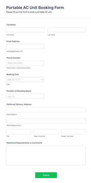 Portable AC Unit Booking Form Template