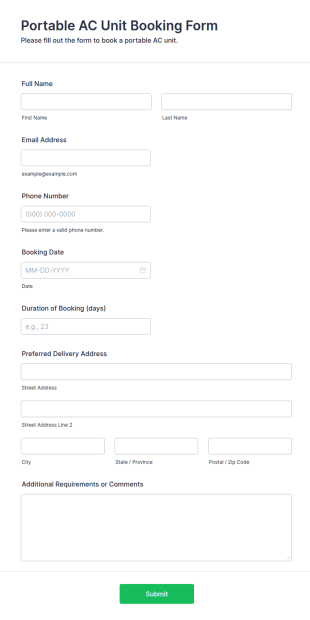 Portable AC Unit Booking Form Template
