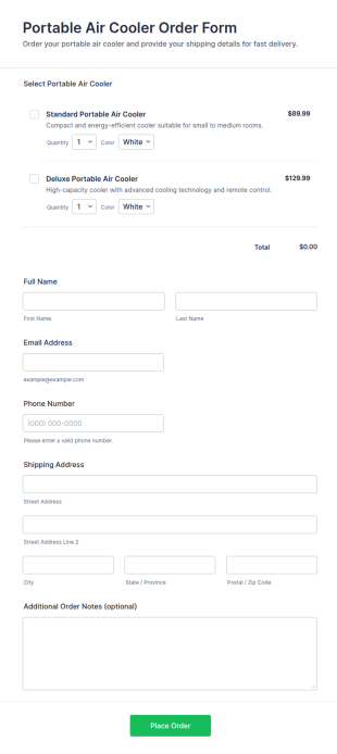Portable Air Cooler Order Form Template