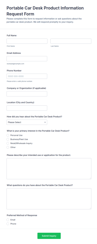 Portable Car Desk Product Information Request Form Template