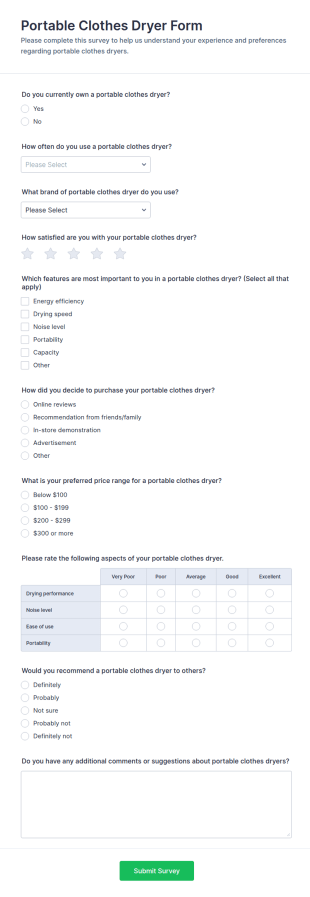 Portable Clothes Dryer Survey Form Template