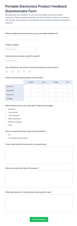 Portable Electronics Product Feedback Questionnaire Form Template