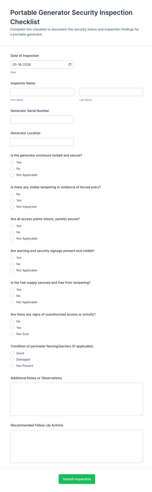 Portable Generator Security Inspection Checklist Form Template