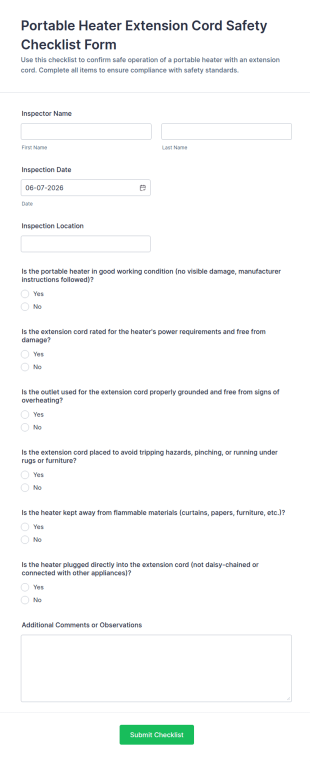 Portable Heater Extension Cord Safety Checklist Form Template