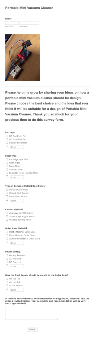 Portable Mini Vacuum Cleaner Form Template