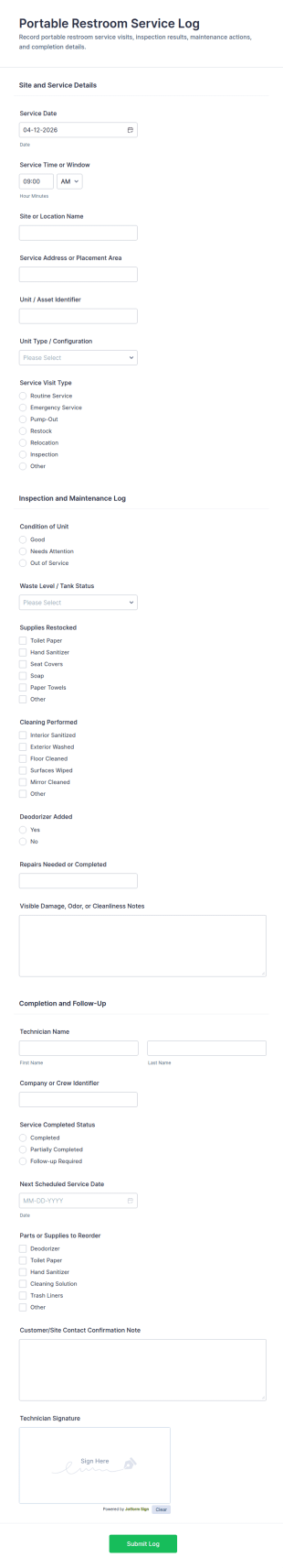 Portable Restroom Service Log Form Template