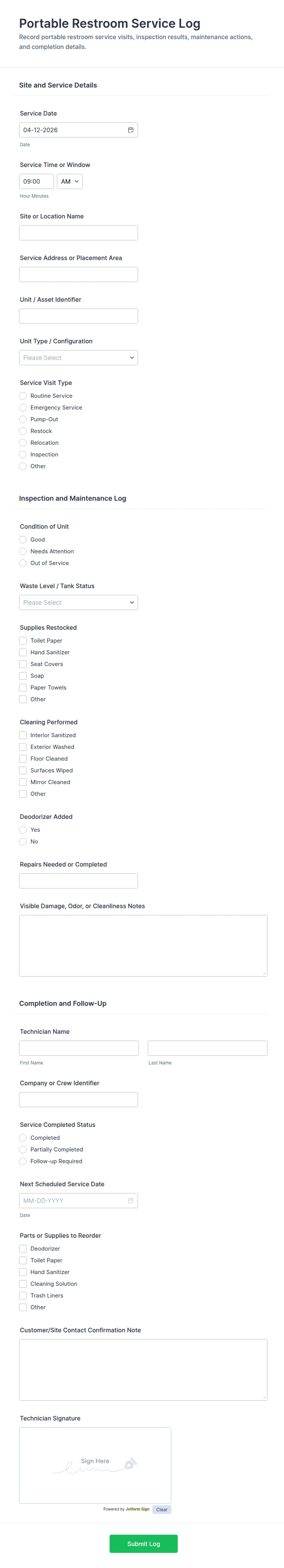 Restroom Service Log Portable Restroom Service Log Form Template | Jotform