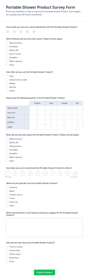 Portable Shower Product Survey Form Template