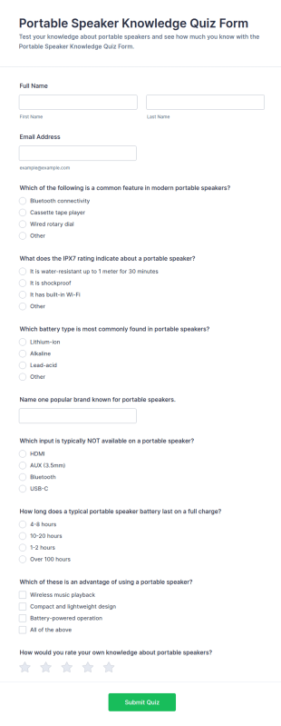 Portable Speaker Knowledge Quiz Form Template