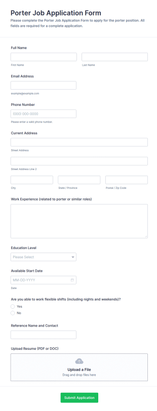 Porter Job Application Form Template