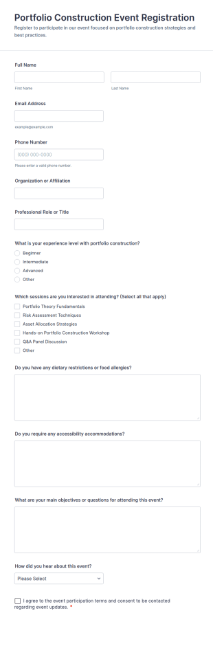 Portfolio Construction Event Registration Form Template