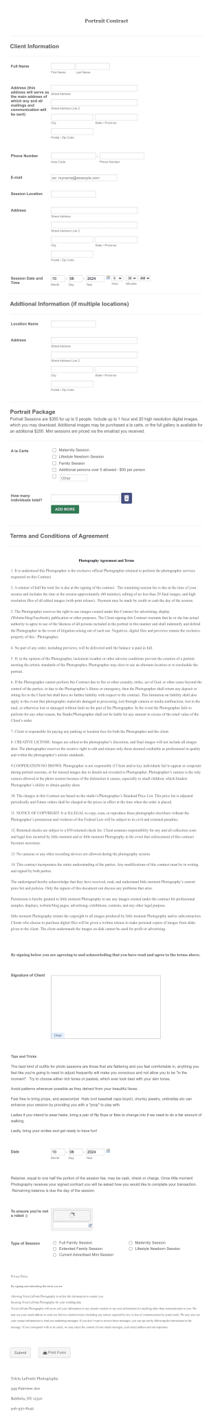 Portrait Photography Contract Form Template