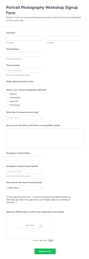 Portrait Photography Workshop Signup Form Template